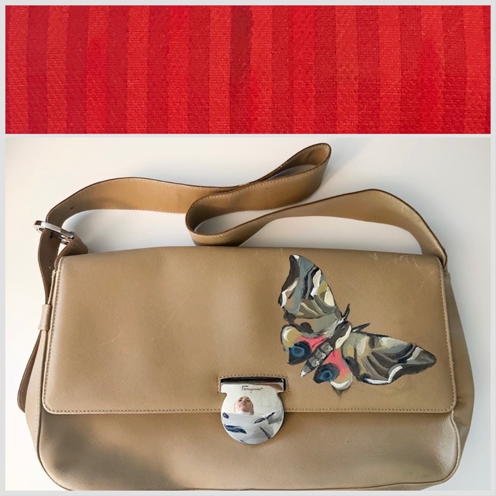 Salvatore Ferragamo Tan Leather Shoulder Bag with Whimsical Butterfly